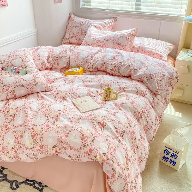 YOUMIKA  -  Fresh Botanical Floral Bedding Set INS Girls Soft Washed Cotton Bed Sheet Duvet Cover Pillowcase Bed Linens Single Double Size