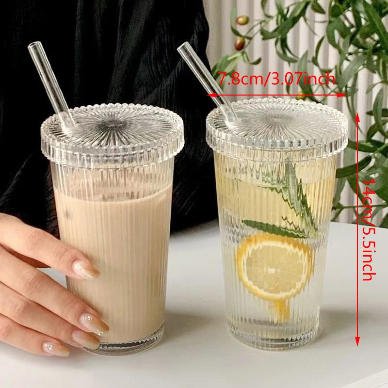 YOUMIKA  -  380ml Simple Stripe Glass Cup With Lid&Straw Transparent Tea Juice Cup Beer Can Breakfast Milk Coffee Mug