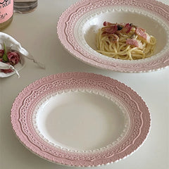 YOUMIKA  -  Relief French Dining Plate Underglaze Color Retro Pink Lace Relief Ceramic Plate Pasta Dessert Plate