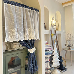 YOUMIKA  -  Navy Dots Curtains with White Lace Double Layer for Cafe Kitchen Bedroom Aesthetic Living Room Decor Window Wall Home Decoration