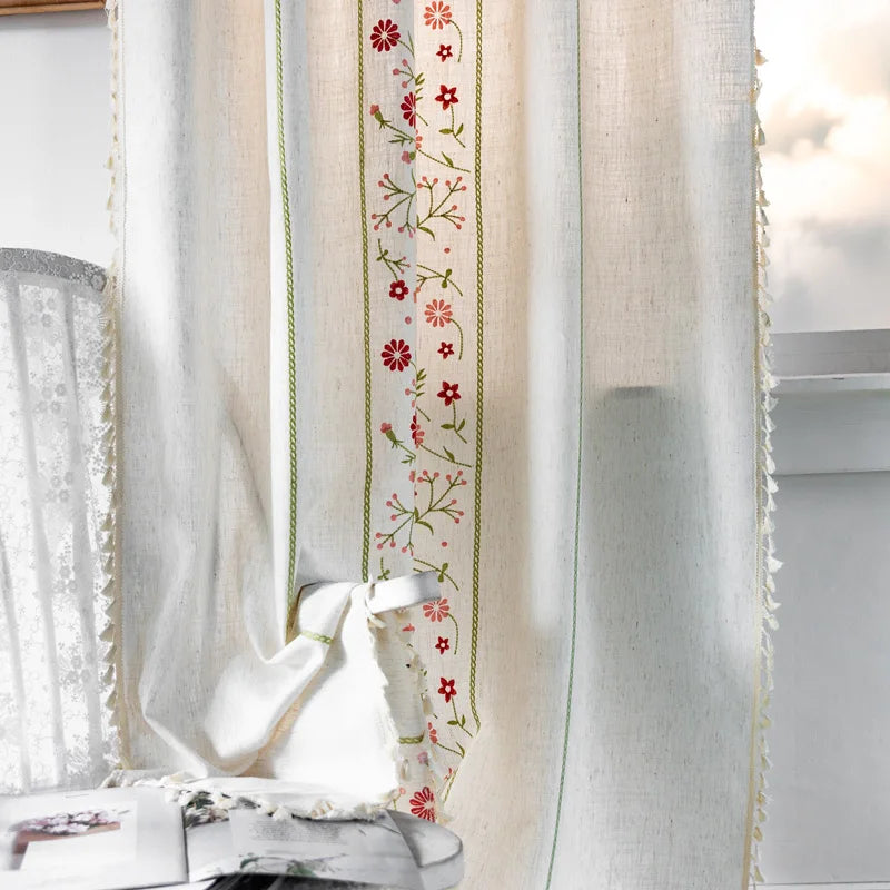 YOUMIKA  -  Boho Floral Embroidered Window Curtain Semi-Blackout Curtains Rod Pocket Light Filtering Drapes for Living Room Bedroom Farmhous