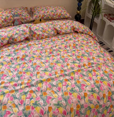 YOUMIKA  -  Vintage flower tulip pink yellow green bedding set,twin full queen king cotton home textile bed sheet pillow case quilt cover