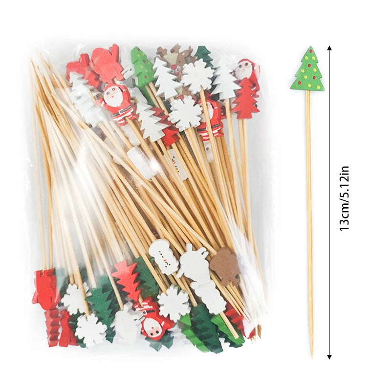 YOUMIKA  -  100Pcs Christmas Bamboo Disposable Toothpicks Santa Fruit Skewer Cocktail Picks Food Salad Fork Cake Toppers For Xmas New Year