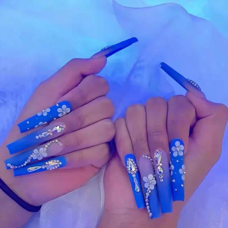 YOUMIKA  -  24Pcs Blue Butterfly Designs False Nails Long Ballet Fake Nails with Rhinestone Artificial Coffin Full Cover Press on Nails