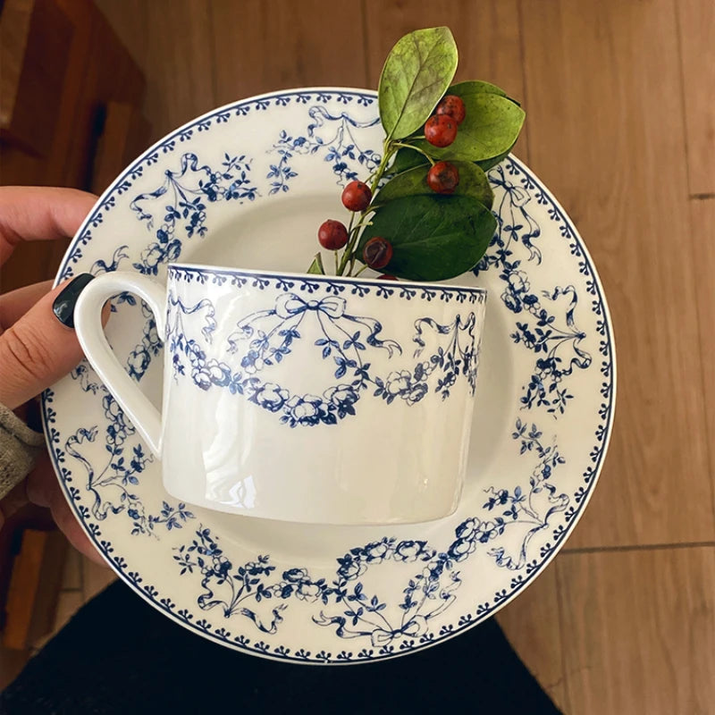 YOUMIKA  -  Retro Chinese Style Blue and White Floral Ceramic Coffee Cups Plates Afternoon Tea Utensils Latte Cups