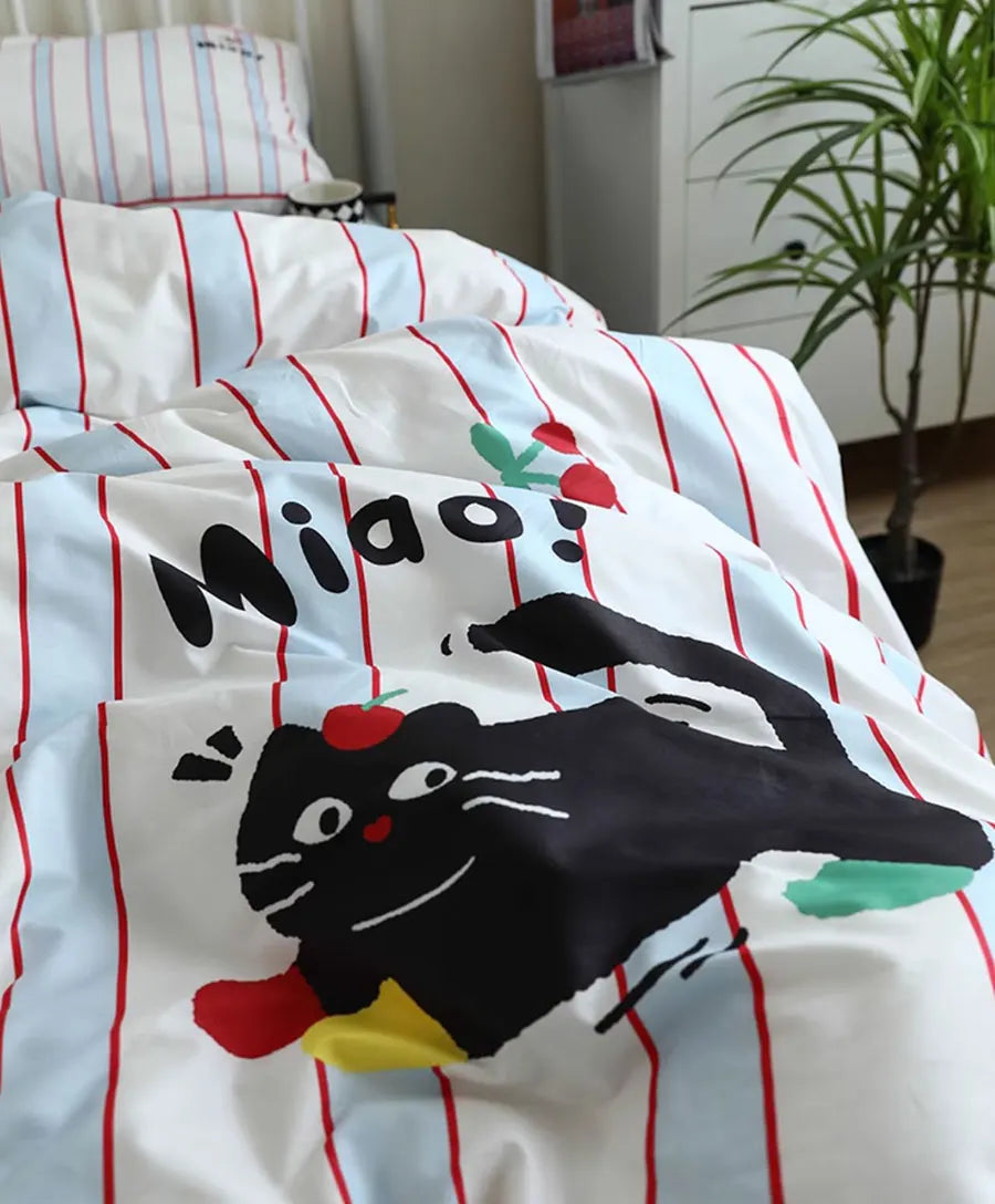 YOUMIKA  -  Cute cartoon cat stripe bedding set 1.2 1.5 1.8 2.0,twin full queen king cotton home textile bed sheet pillow case quilt cover