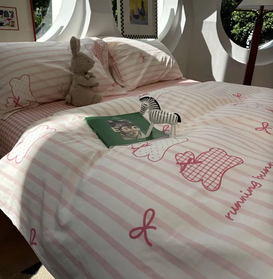 YOUMIKA  -  Cute Cartoon Rabbit Stripe Plaid Bedding Set,twin Full Queen Lovely Bunny Cotton Home Textile Bed Sheet Pillow Case Quilt Cover