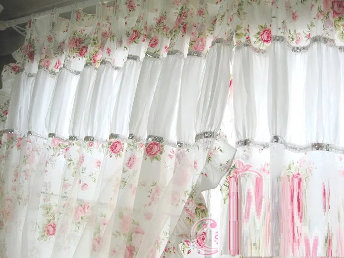 YOUMIKA  -  Korean Floral Princess Style Curtains Pastoral Double Layers Lace Cotton Curtain for Girl's Bedroom Wedding Room Window Curtain