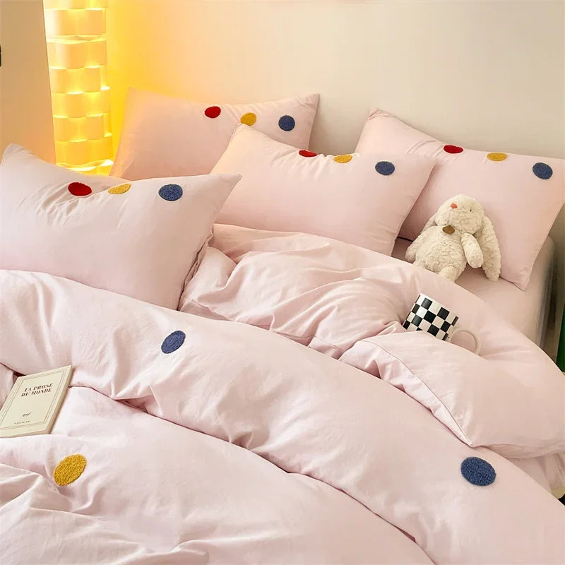 YOUMIKA  -  INS Pink Bedding Set Solid Color Soft Bed Flat Sheet Pillowcase Adults Kids Single Twin Full Queen Size Cute Dots Duvet Cover