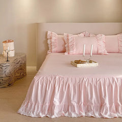 YOUMIKA  -  100%Egyptian Cotton Ruffle Lace Duvet Cover Set(1Duvet Cover 1Bedskirt 2Pillow Shams) 600TC Pink Bohemian Bedding set Queen Full