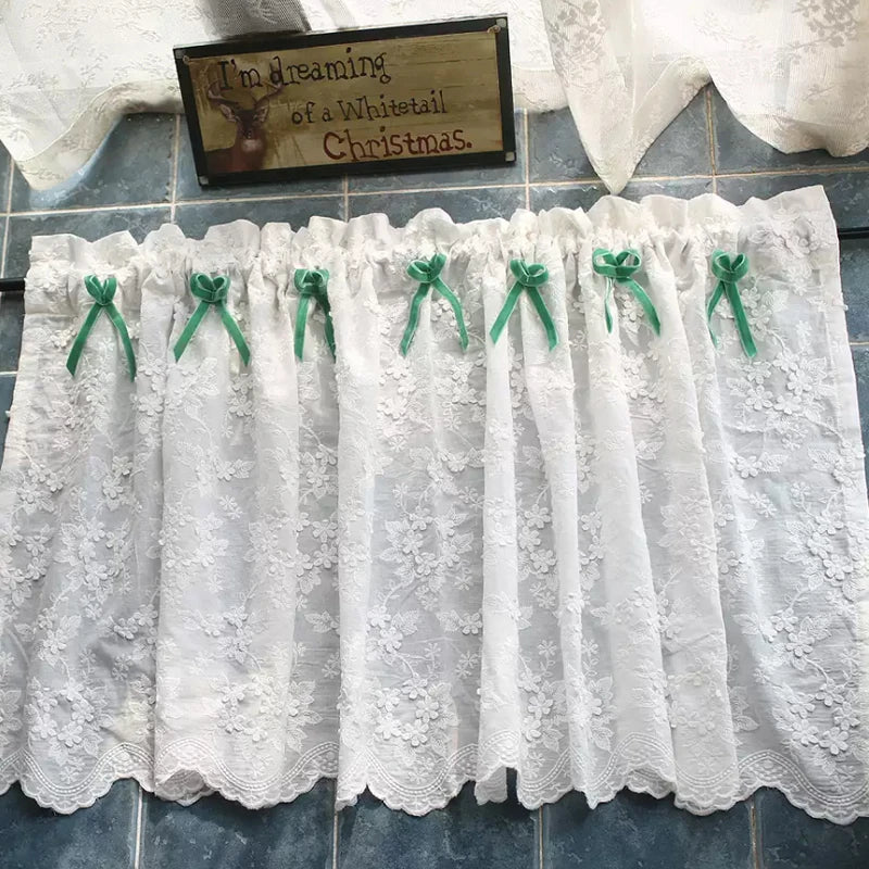 YOUMIKA  -  White Floral Lace Sheer Curtain Valances Rod Pocket Window Voile Semi Sheer Drapes for Bedroom Kitchen Short Curtains Home Decor