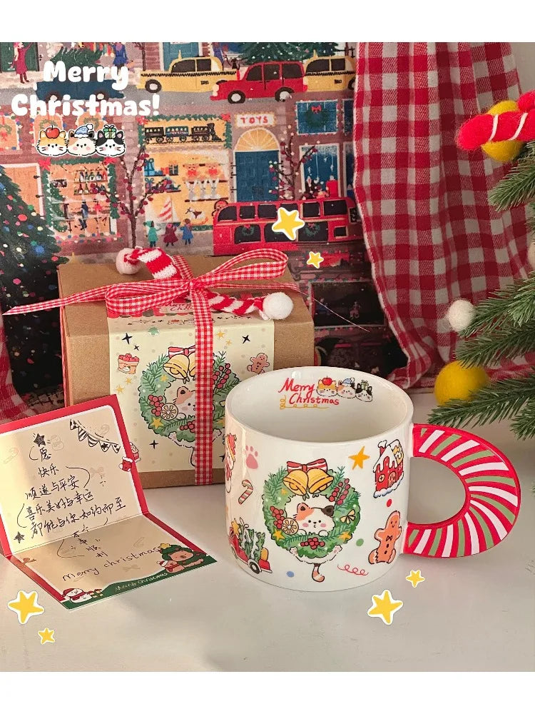 YOUMIKA  -  Christmas Cat Ceramic Mug Underglaze Breakfast Milk Water Cup Christmas Day Winter Gift Cup