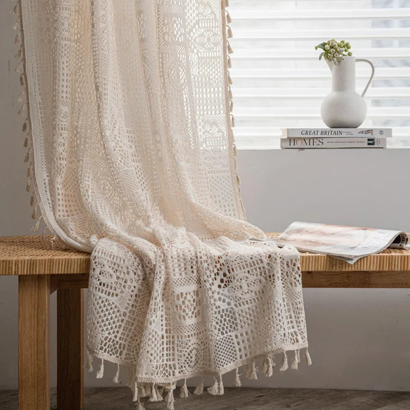 YOUMIKA  -  Boho Chic Crochet Geometry Knitted Window Curtain, Farmhouse Elegant Grid Drape, Simi Sheer Curtain for Bedroom, Living Room,