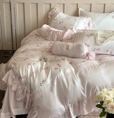 YOUMIKA  -  Romantic sweet french pink flower bedding set,full queen king fairyfair ruffled home textile bed sheet pillow case quilt cover