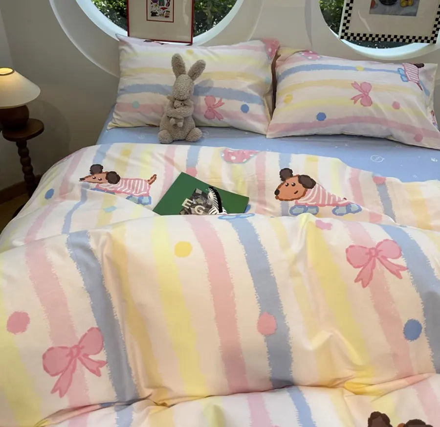 YOUMIKA  -  Cute Dog Puppy Stripe Polka Dot Pink Blue Yellow Bed Set,twin Full Queen Cotton Home Textile Bed Sheet Pillow Case Quilt Cover