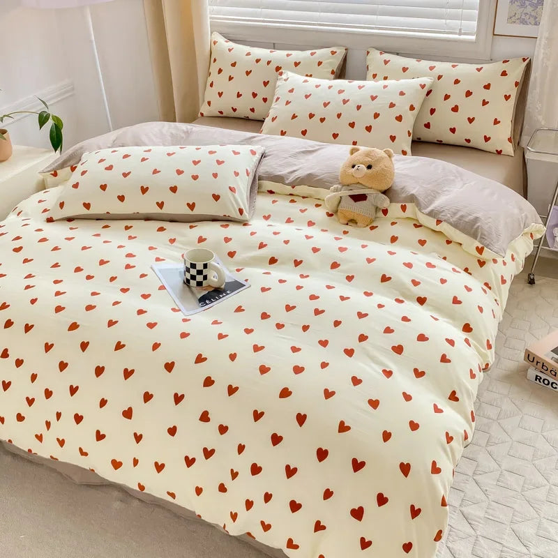 YOUMIKA  -  High Quality Ins Duvet Cover Set Pillowcase Flat Sheet No Filler Red Heart Girls Kids Twin Queen Size Bed Linens Home Decor