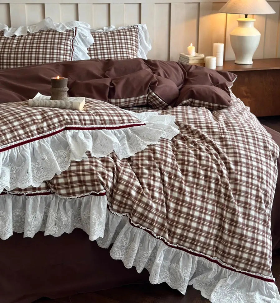 YOUMIKA  -  Fairyfair lace bedding set,full queen king classic vintage plaid brown cotton home textile bed sheet pillow case duvet cover