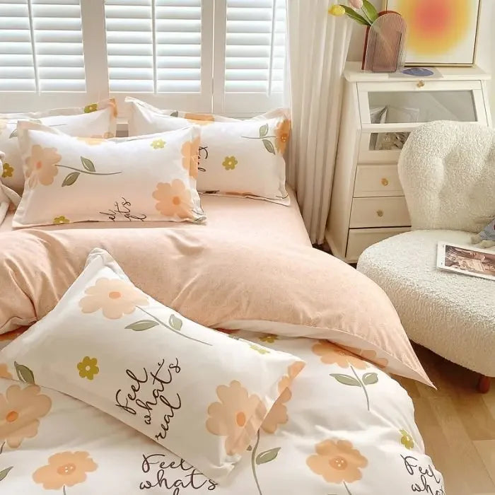 YOUMIKA  -  Pastoral Floral Bedding Set No Filler Soft Washed Cotton Duvet Cover Flat Sheet Pillowcase Full King Girls Adults Bed Linens