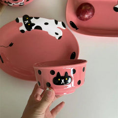 YOUMIKA  -  Korean Polka Dot Black Cat Ceramic Gift Tableware Underglaze Color Household Dining Plate Bowl Coffee Water Cup