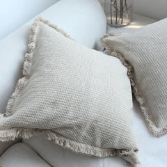 YOUMIKA  -  Decorative Throw Pillow Covers with Tassels Linen Pillowcase Beige Fringed Cushion Cover for Farmhouse Couch Sofa & Chair TJ9456