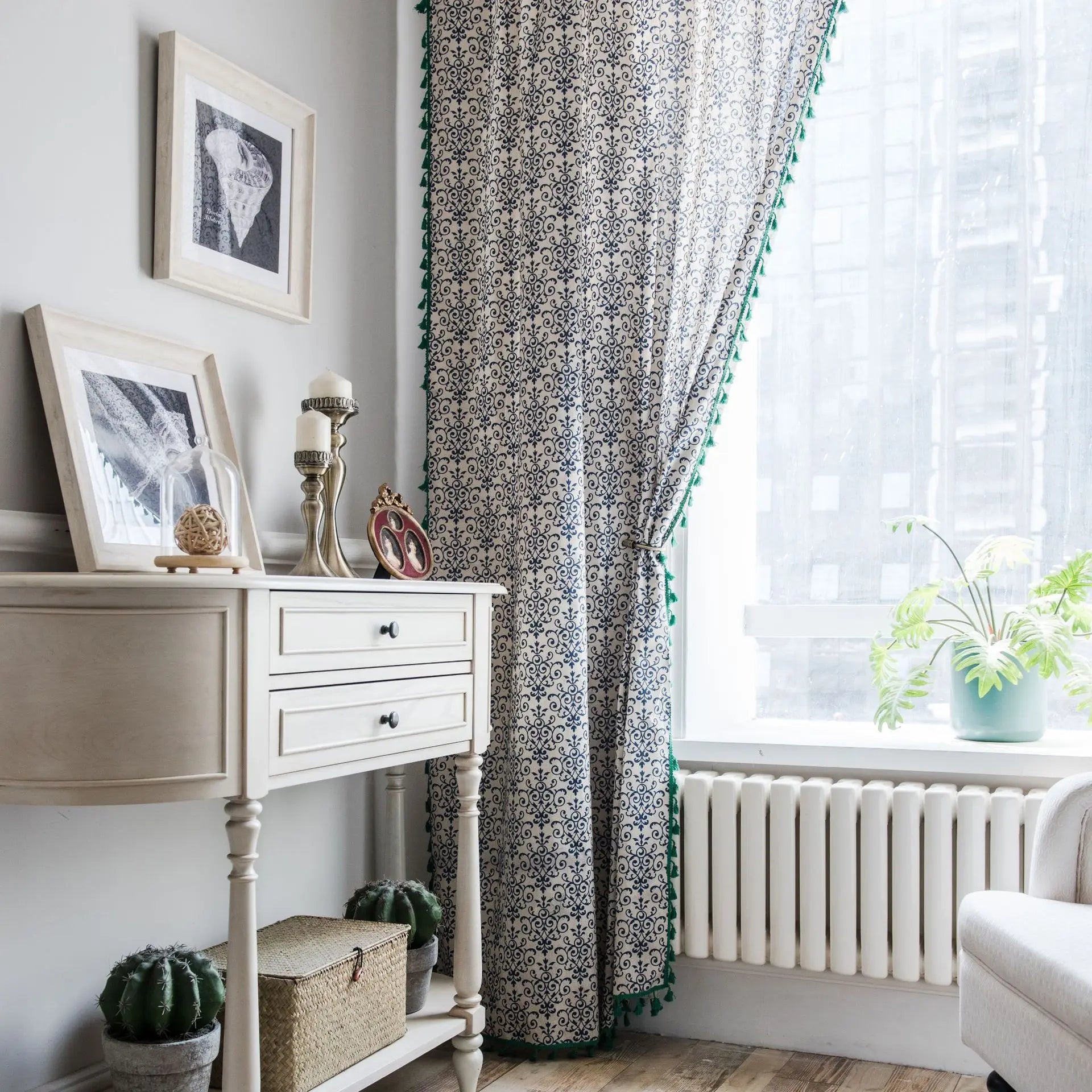 YOUMIKA  -  Blue And White Porcelain Curtains French Rural And Pastoral Style Curtain With Green Broom Tassels Bedroom And Living Room