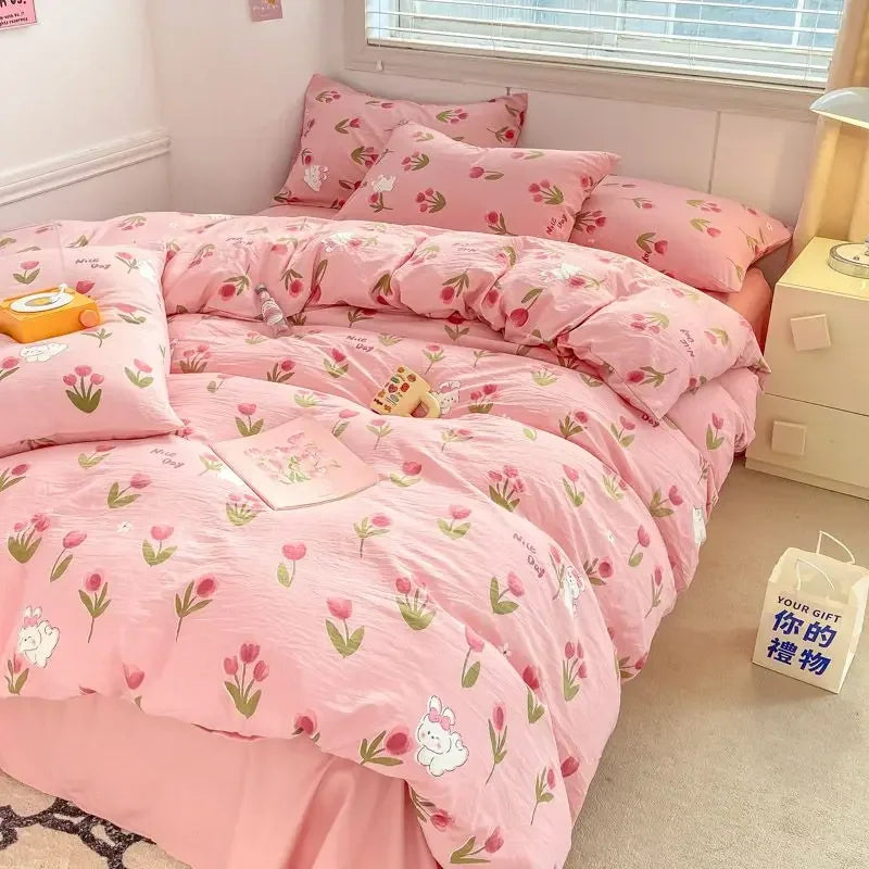 YOUMIKA  -  Fresh Botanical Floral Bedding Set INS Girls Soft Washed Cotton Bed Sheet Duvet Cover Pillowcase Bed Linens Single Double Size