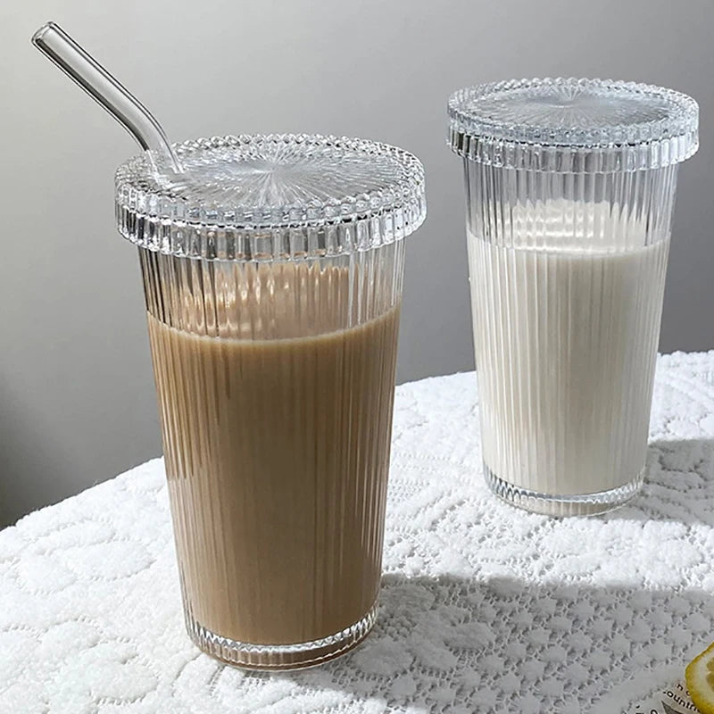 YOUMIKA  -  380ml Simple Stripe Glass Cup With Lid&Straw Transparent Tea Juice Cup Beer Can Breakfast Milk Coffee Mug