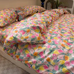 YOUMIKA  -  Vintage flower tulip pink yellow green bedding set,twin full queen king cotton home textile bed sheet pillow case quilt cover