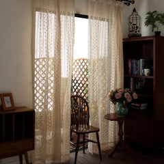 YOUMIKA  -  Boho Chic Beige Crochet Knitting Curtains for Bedroom Cotton Linen Hollowed Retro Farmhouse Patio Window Drapes