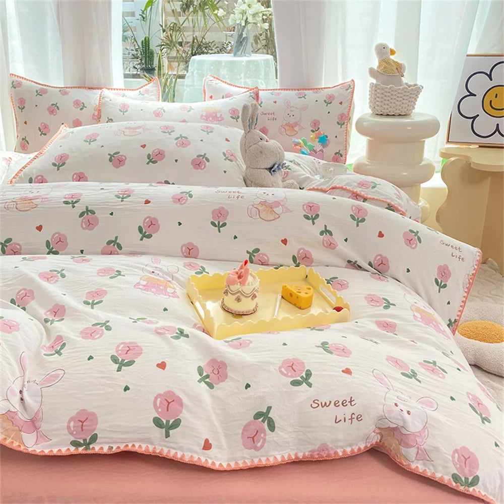 YOUMIKA  -  Ins Pink Flowers Rabbit Comforter Bedding Set Soft Washed Cotton Bed Sheet Girls Kids Quilt Cover Pillowcase Bed Linens