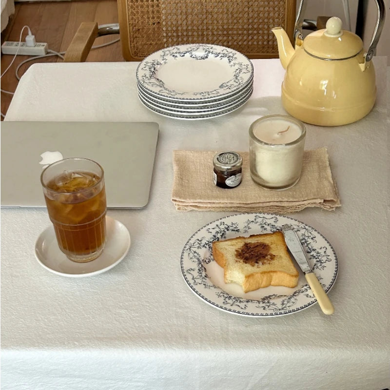 YOUMIKA  -  French Floral Lace Blue Ceramic Brunch Breakfast Disc Ceramic Plate Italian Pasta Plate