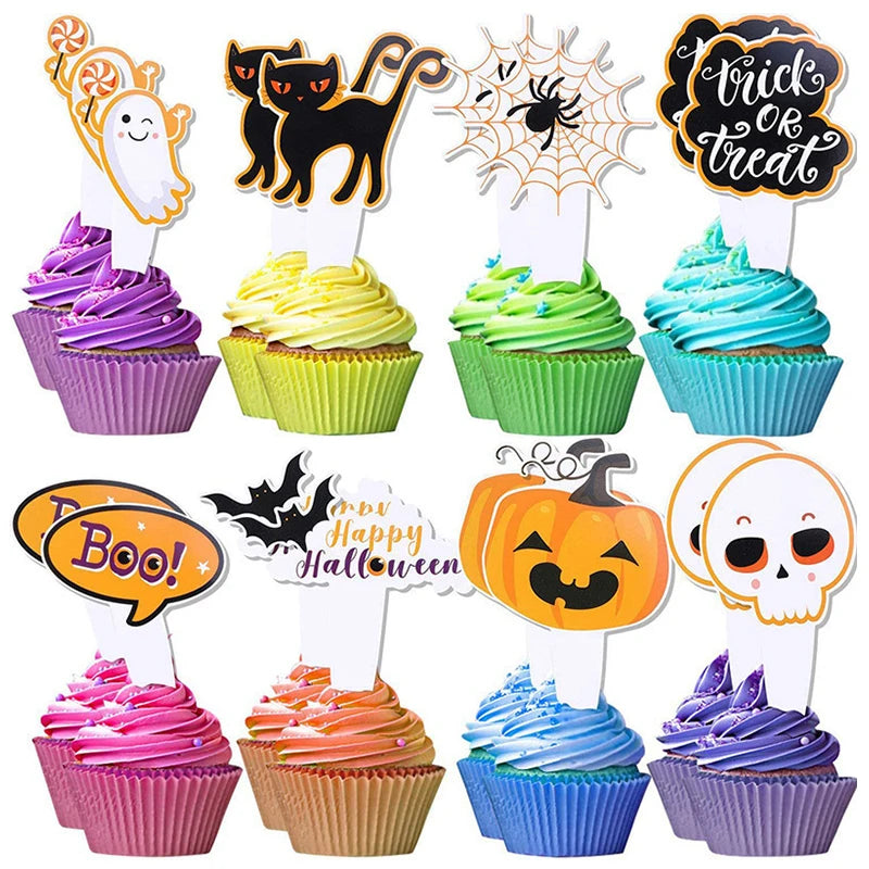 YOUMIKA  -  16/48pcs Halloween Cupcake Toppers Pumpkin Ghost Bat Cake Dessert DIY Decorations Kids Halloween Birthday Party Favors Supplies