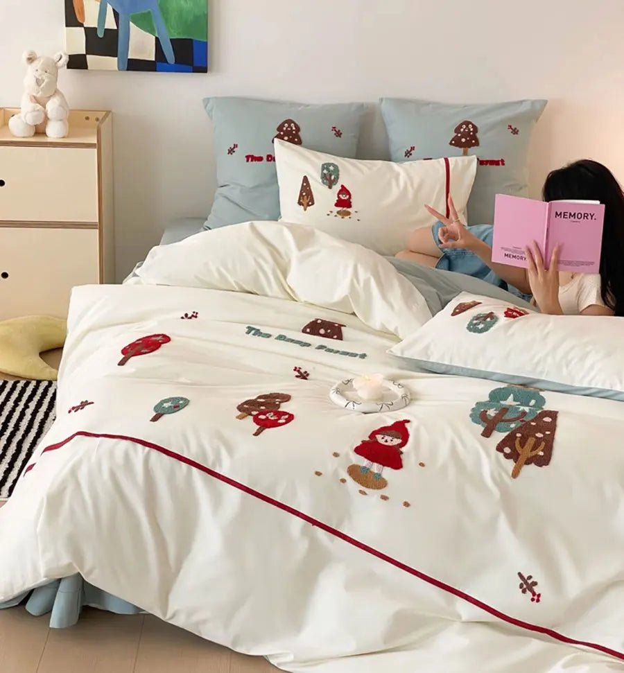 YOUMIKA  -  Fashion cute embroidery girl tree red bedding set double,full queen king cotton home textile bed sheet pillow case quilt cover