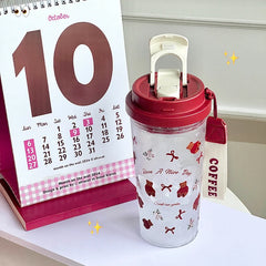 YOUMIKA  -  Cute Red Bear Bow Water Cup Summer Large Capacity Straw Double Mouth High Temperature Resistant Tritan Material