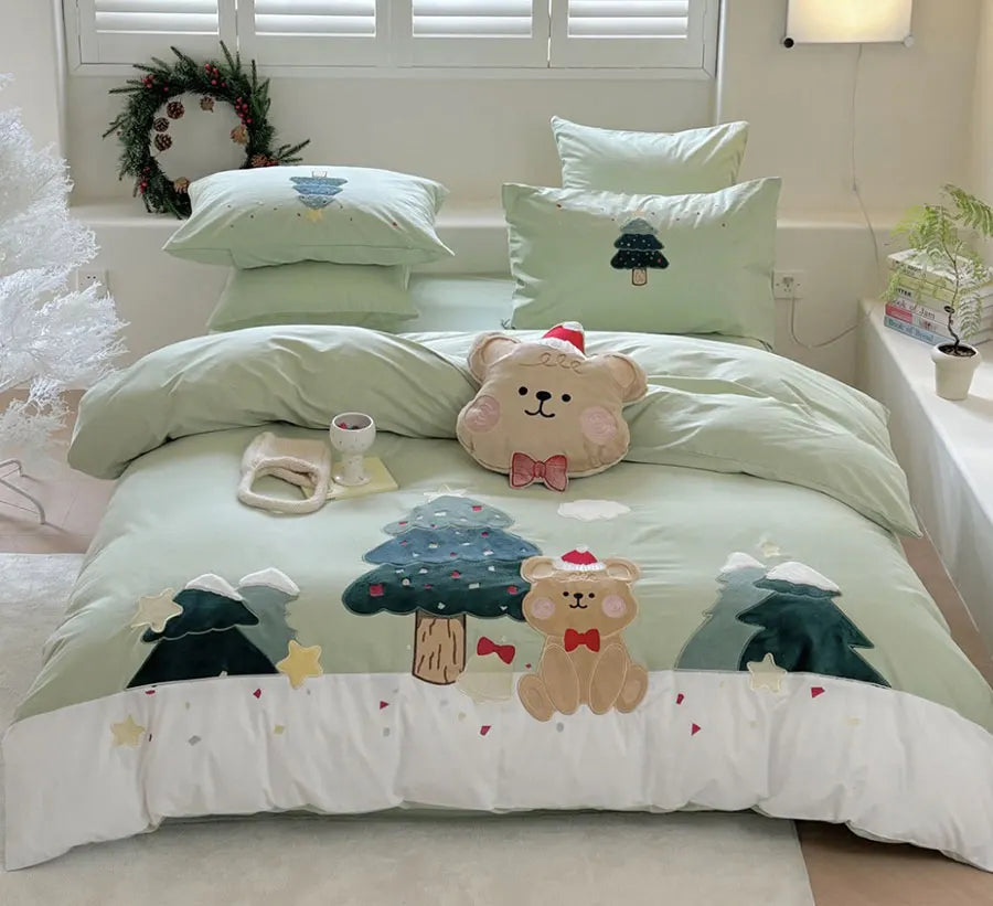 YOUMIKA  -  Cute cartoon embroidery bear dog green bedding set,twin full queen king cotton home textile bed sheet pillow case quilt cover