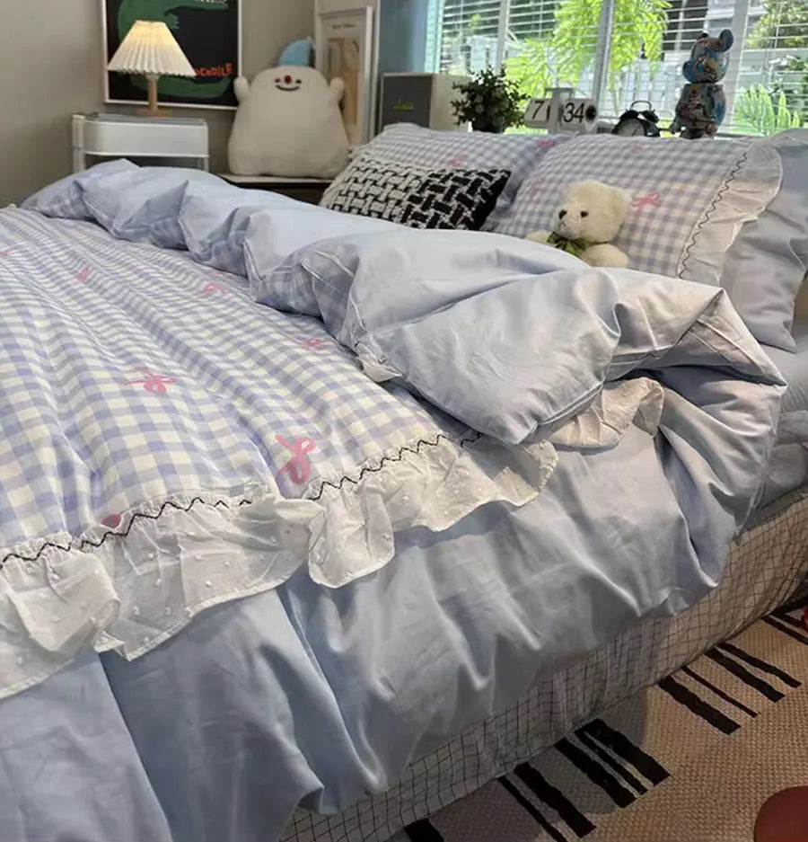 YOUMIKA  -  Sweet Fairyfair Pink Blue Plaid Bow Bedding Set 1.5 1.8,full Queen Elegant Cotton Home Textile Bed Sheet Pillow Case Quilt Cover