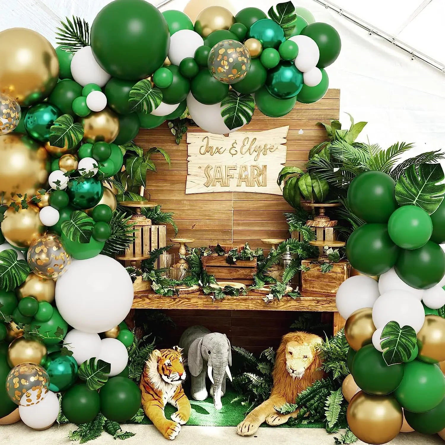 YOUMIKA  -  152pcs Jungle Party Balloons Garland Arch Kit Green Gold Balloon Arch for Animal Wild One Birthday Party Baby Shower Supplies