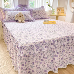 YOUMIKA  -  Purple Floral Bed Skirt Set Lace Bedspread Home Textile Flowers Bed Skirt Bedroom Coverlets Bedspreads Sheets Dust Cover Bedding