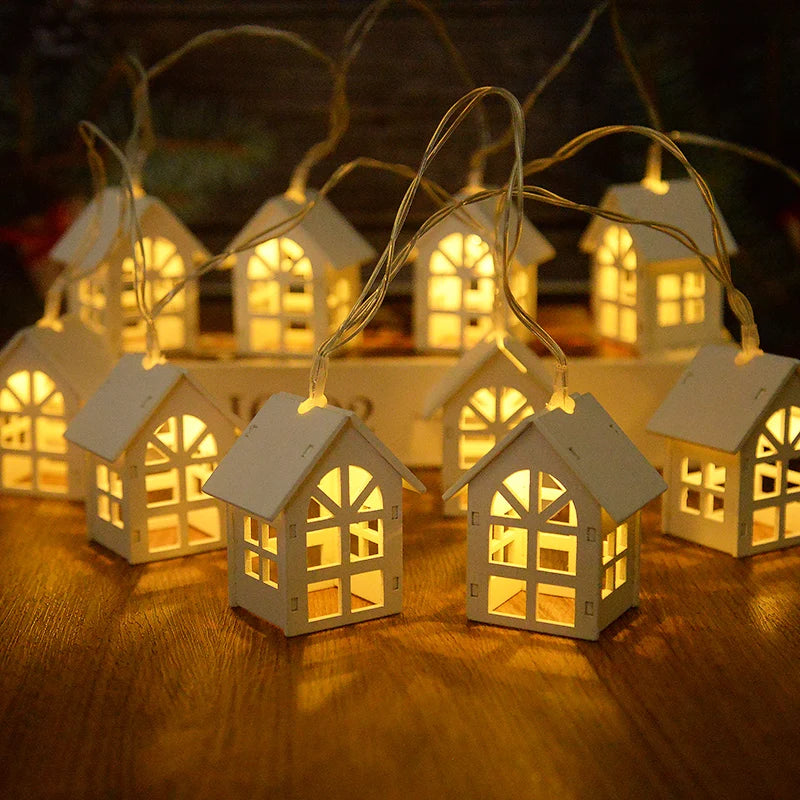 YOUMIKA  -  2M 10LED Christmas Decorations Wooden House Fairy Light String Xmas Tree Hanging Garland Ornament New Year Home Lamps Decor 2025