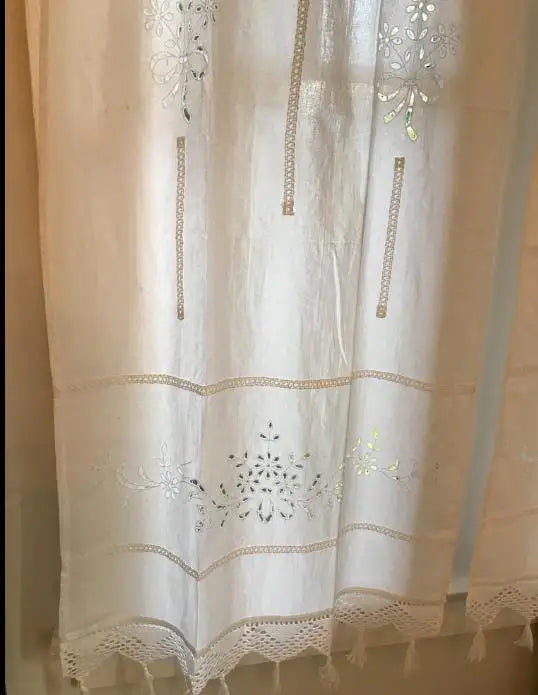 YOUMIKA  -  Light Flittering White Cotton Curtain Kitchen Door Short Curtain Handmade Hollow out Semi Sheer Linen Curtain with Tassles