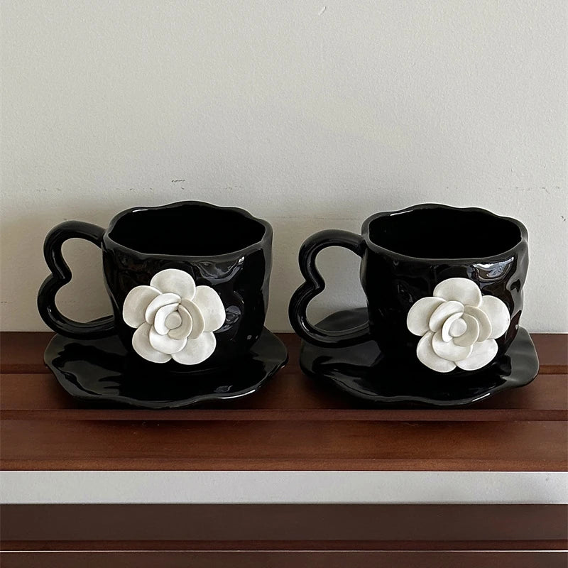 YOUMIKA  -  Handmade 3D Camellia Flower Black Coffee Afternoon Tea Cup Plate Ceramic Cup Gift Cup