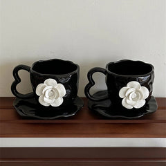 YOUMIKA  -  Handmade 3D Camellia Flower Black Coffee Afternoon Tea Cup Plate Ceramic Cup Gift Cup