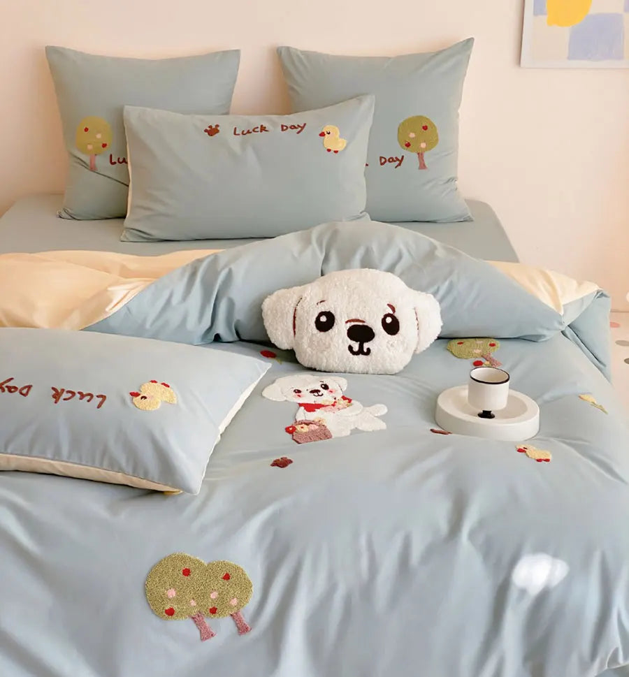 YOUMIKA  -  Fashion cute embroidery dog cat bear bed set 1.2 1.5 1.8,twin full queen cotton home textile bed sheet pillow case duvet cover