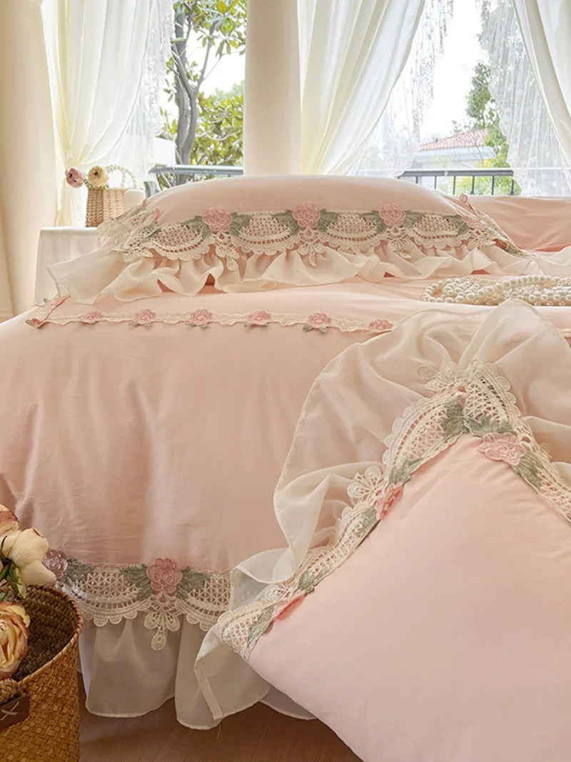 YOUMIKA  -  Ins Pink Confirtable Soft Cotton French Wedding Bedding Set Flowers Lace Embroidery Ruffles Duvet Cover Bed Sheet Pillowcase