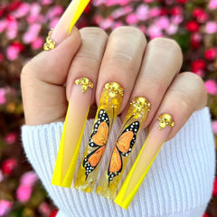 YOUMIKA  -  24Pcs Artificial False Nails Long Coffin Full Cover Fake Nails with Butterfly Rhinestone Design Wearable Ballet Press on Nails