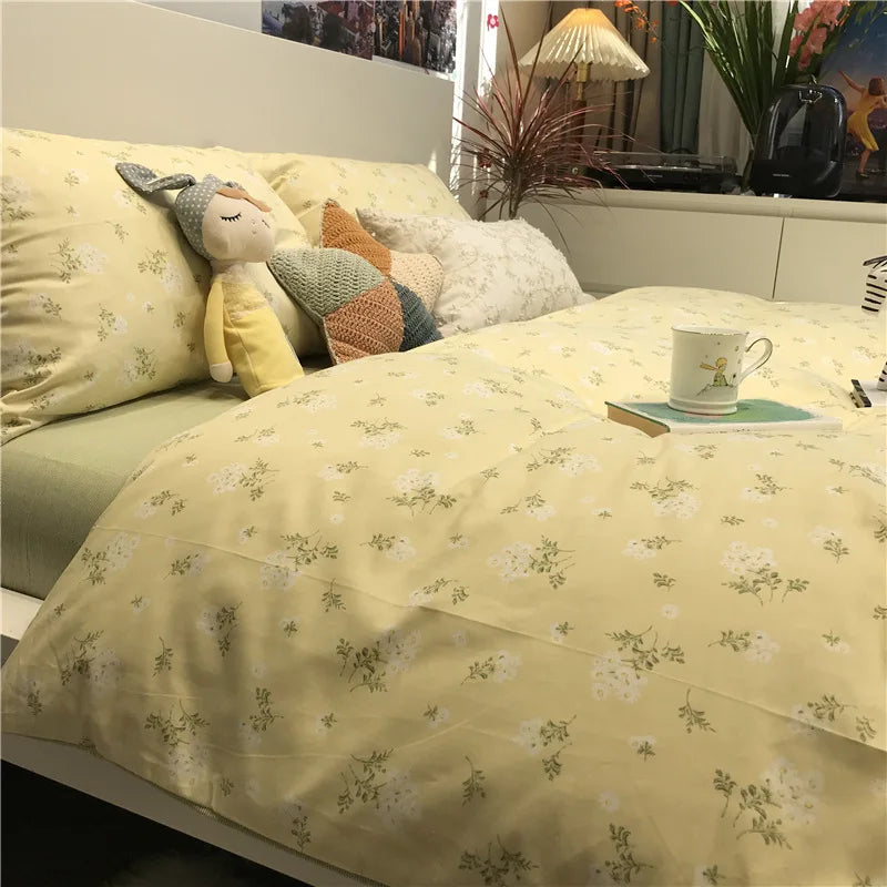 YOUMIKA  -  3/4pcs Korean Pastoral Style Small Floral Duvet Cover Bedding, Pure Cotton Light Yellow Artistic 1.2/1.5/1.8/2m Bed Sheets