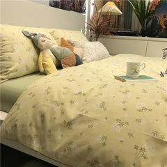 YOUMIKA  -  3/4pcs Korean Pastoral Style Small Floral Duvet Cover Bedding, Pure Cotton Light Yellow Artistic 1.2/1.5/1.8/2m Bed Sheets