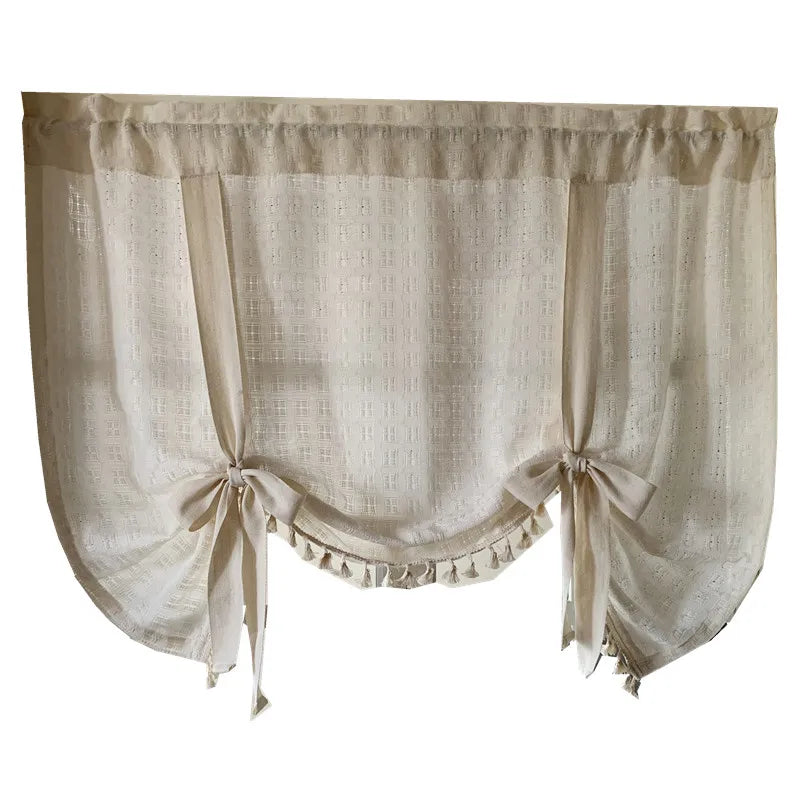 YOUMIKA  -  Nordic linen beige crochet half curtain kitchen cabinet coffee curtain small window rod pocket short curtain pull curtain blacko