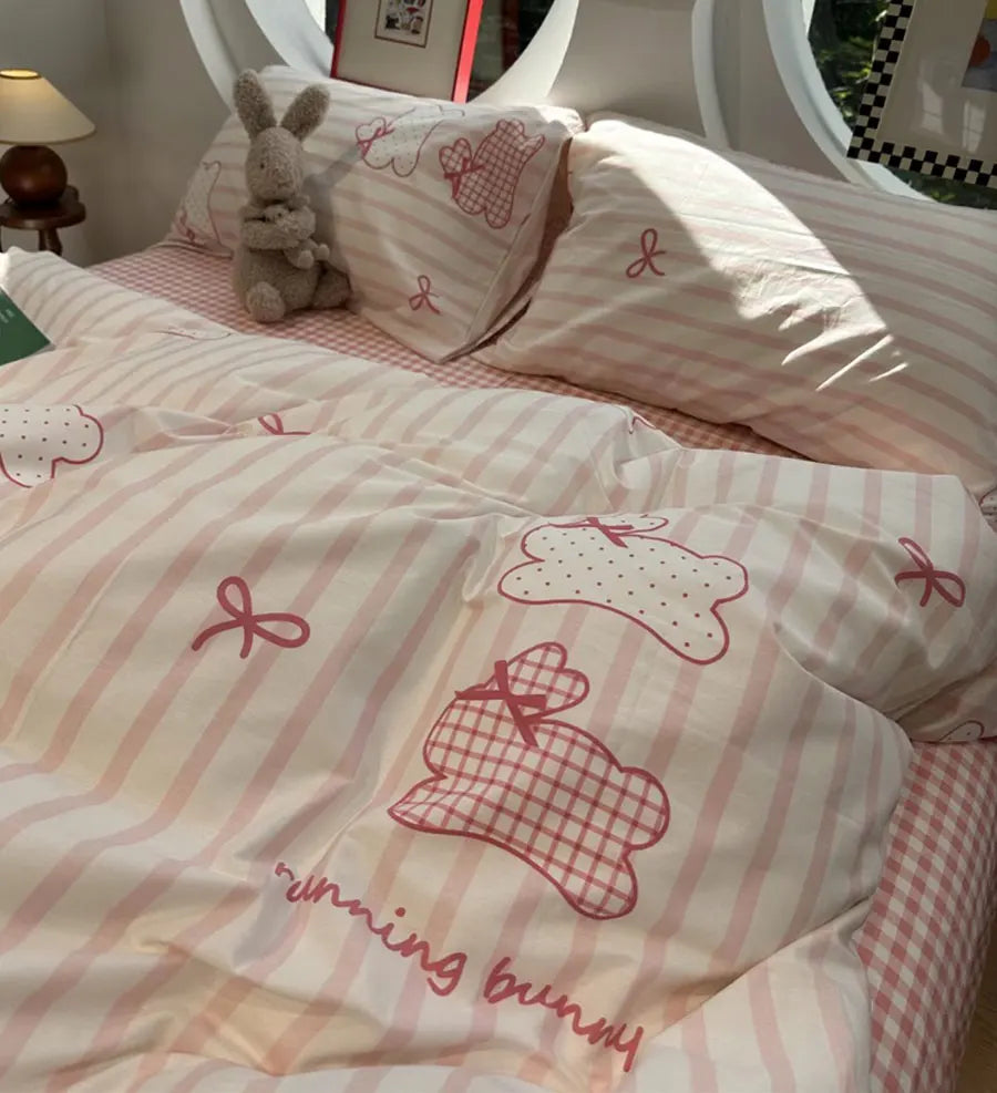 YOUMIKA  -  Cute Cartoon Rabbit Stripe Plaid Bedding Set,twin Full Queen Lovely Bunny Cotton Home Textile Bed Sheet Pillow Case Quilt Cover