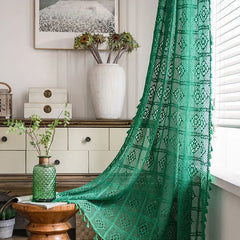 YOUMIKA  -  American Style Dark Green Vintage Hollowing Crochet Patchwork Window Curtain Blackout Drapes for Living Room Study Curtain